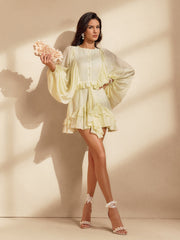 Robe mini à manches ballon et volants couleur abricot