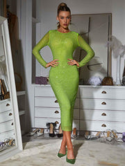 Robe midi verte à manches longues et cristaux