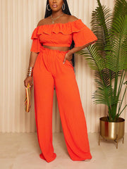 Ruffle Crop Top Wide Pants Set