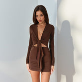 Afternoon Coffee Color Deep V-Neck Tie-Up Dress