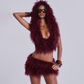 Fashion Vibrant Burgundy Fuzzy Two Piece Outfit