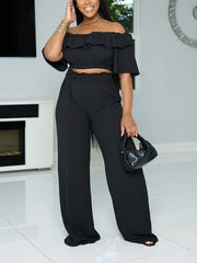 Ruffle Crop Top Wide Pants Set