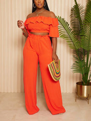 Ruffle Crop Top Wide Pants Set