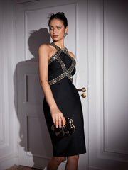 Halterneck Rhinestone Bandage Midi Dress