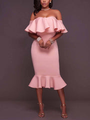 Off Shoulder Ruffle Bodycon Midi Dresses