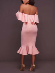 Off Shoulder Ruffle Bodycon Midi Dresses