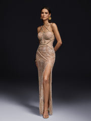 Robe longue en résille à sequins et strass