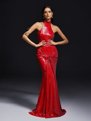 Robe longue à sequins dos nu et à nouer