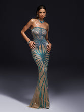 Robe bustier en résille imprimée de strass
