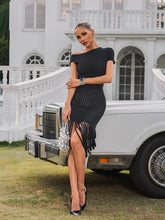 One Shoulder Fringe Midi Dress In Black
