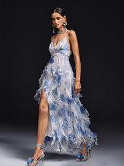 Robe longue à bretelles spaghetti, à fleurs, fendue et à volants