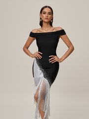 Off Shoulder Fringe Bandage Midi Dress