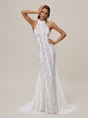 Robe longue en dentelle à col halter