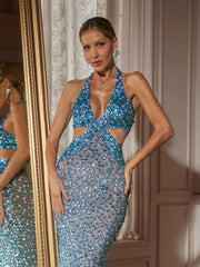 Robe longue dos nu à découpes strass