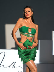 Rhinestone Cutout Fringe Bandage Dress In Green