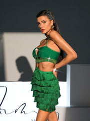 Rhinestone Cutout Fringe Bandage Dress In Green
