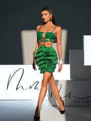 Rhinestone Cutout Fringe Bandage Dress In Green