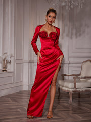 Robe longue en satin fleuri à manches longues