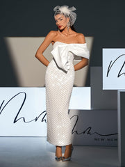 Robe maxi bustier ornée de perles et de nœud