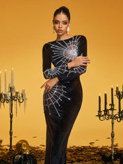 Robe longue maxi en velours à motif toile d'araignée à manches longues