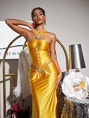 Crystal Cutout Satin Maxi Dress