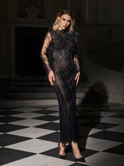 Robe maxi fendue à strass et toile d'araignée