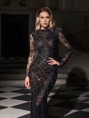 Robe maxi fendue à strass et toile d'araignée