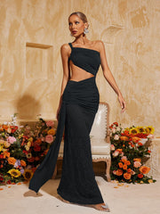 Robe longue drapée en dentelle ajourée noire