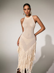 Robe midi sans manches à franges en maille