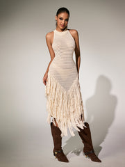 Robe midi sans manches à franges en maille