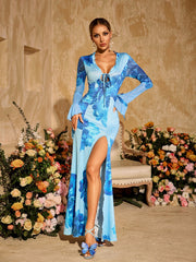 Robe longue fleurie fendue à col en V