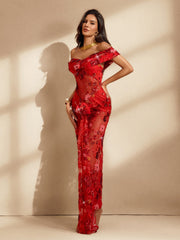 Off Shoulder Floral Sequin Maxi Dress