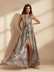 Halterneck Ruffle Maxi Dress In Leopard