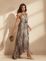 Halterneck Ruffle Maxi Dress In Leopard