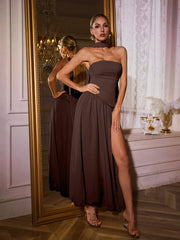Robe longue bustier fendue et drapée marron