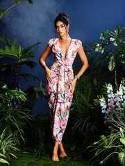 V Neck Floral Printed Midi Dress