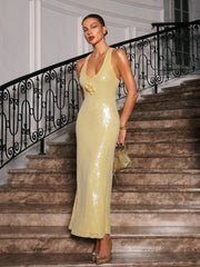 Plunge Neck Flower Sequin Dress In Yellow