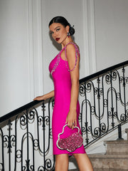 Crystal Bandage Midi Dress In Hot Pink