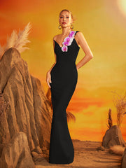 One Shoulder Flower Bandage Maxi Dress In Black