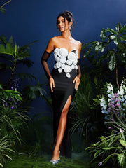 Strapless Flower Bandage Maxi Dress With Gloves