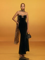 Strapless Leopard Velvet Maxi Dress