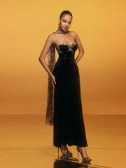 Strapless Leopard Velvet Maxi Dress