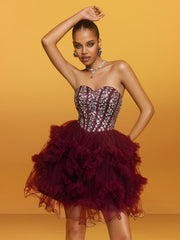 Robe bustier mini en cristal couleur vin