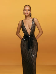 Robe longue à sequins et nœud papillon à col en V