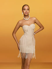 Strapless Pearl Fringe Bandage Mini Dress