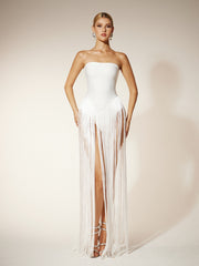 Strapless Fringe Bandage Maxi Dress In White