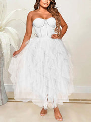 Rhinestone Tube Tulle Prom Midi Dresses