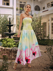 Robe longue plissée sans bretelles à fleurs
