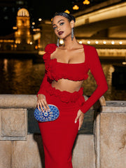 Ensemble jupe bandage à fleurs rouges