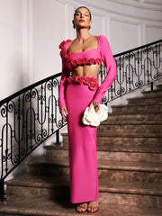 Ensemble jupe bandage à fleurs rose fuchsia